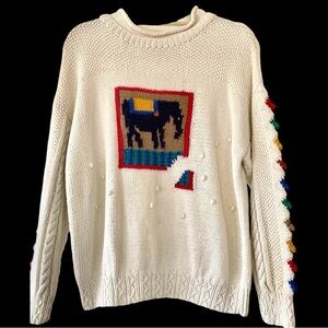 Studio Michelle Stuart sweater, size M, ramie cotton, horse design, hand knit